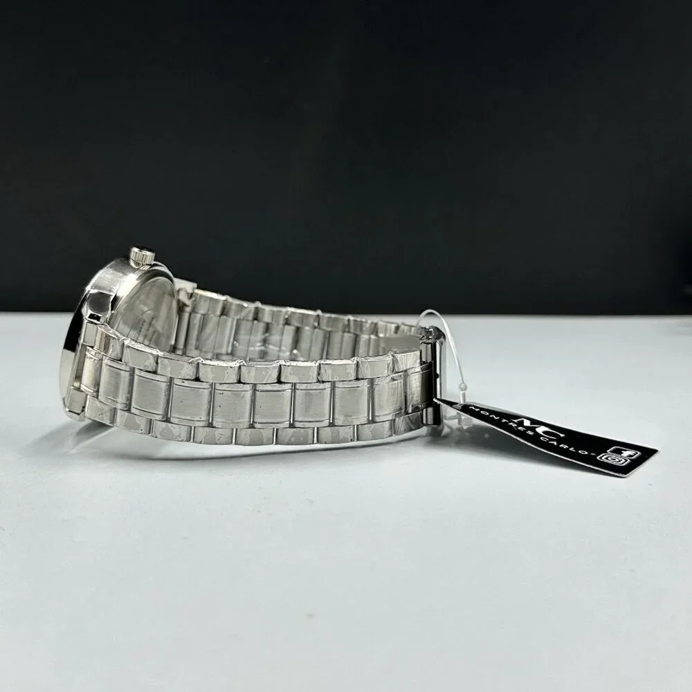 Montres Carlo Watch Men Silver Tone White Dial Round 38MM New Battery 8.25